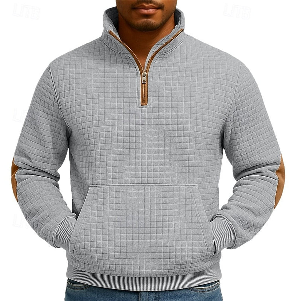 heren quarter-zip pullover met kangoeroe zak en staande kraag in lichtgrijs