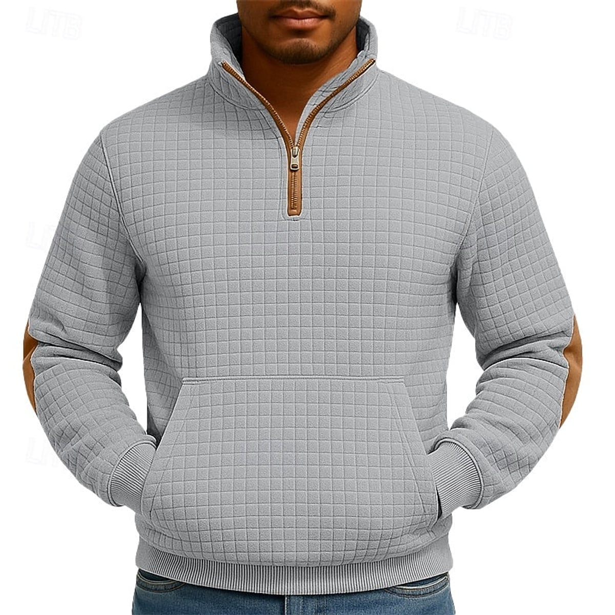 heren quarter-zip pullover met kangoeroe zak en staande kraag in lichtgrijs