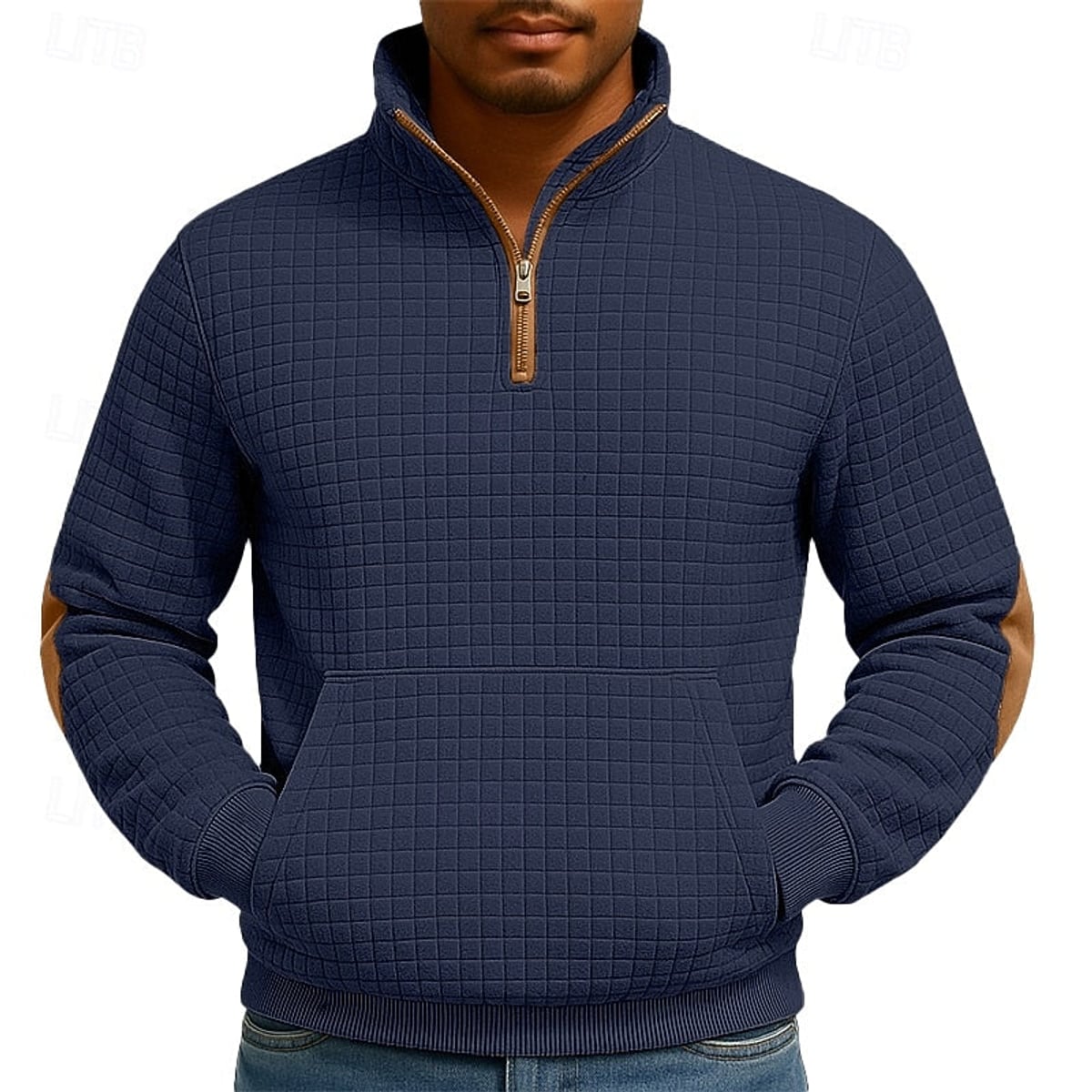 heren quarter-zip pullover met kangoeroe zak en staande kraag in marineblauw