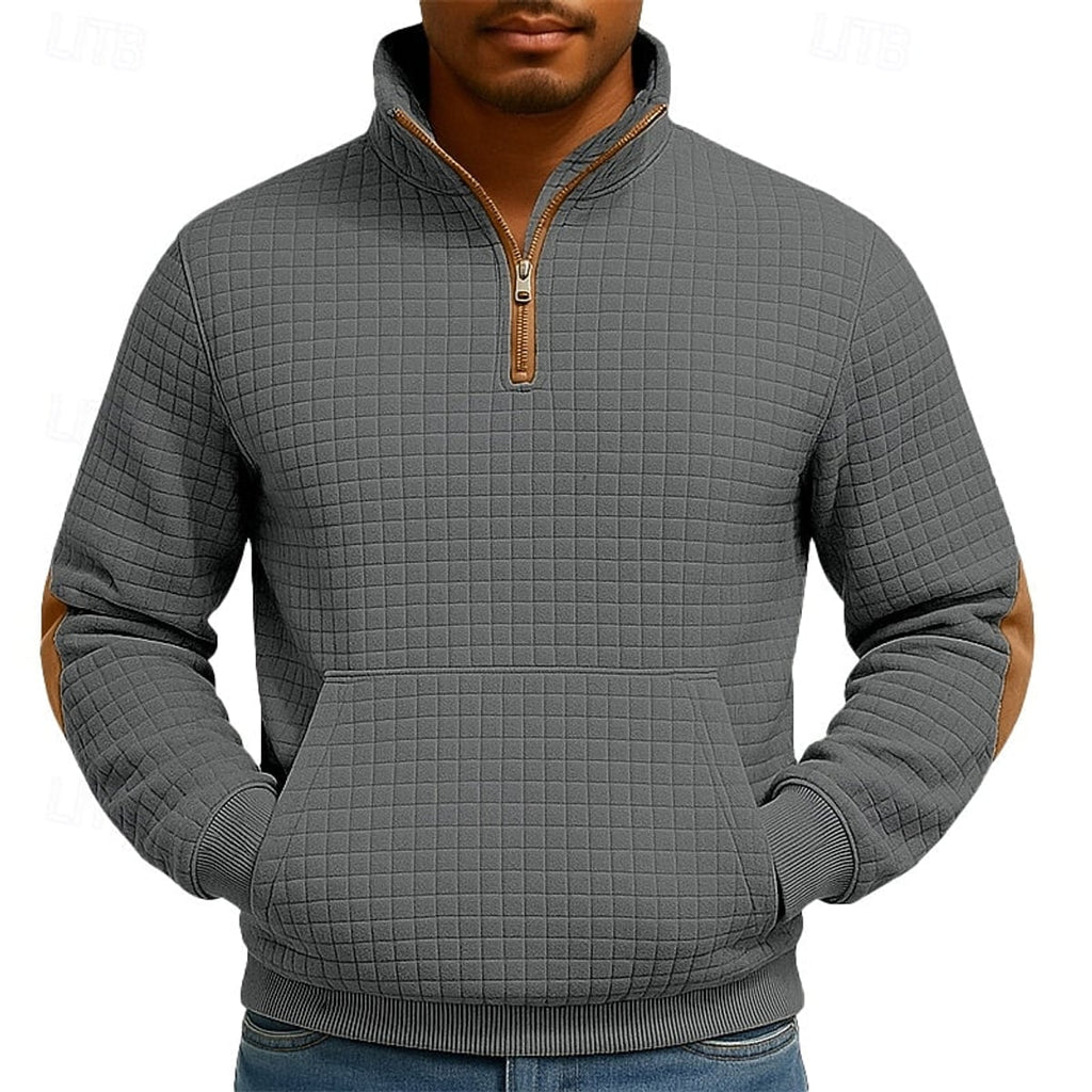 heren quarter-zip pullover met kangoeroe zak en staande kraag in donkergrijs