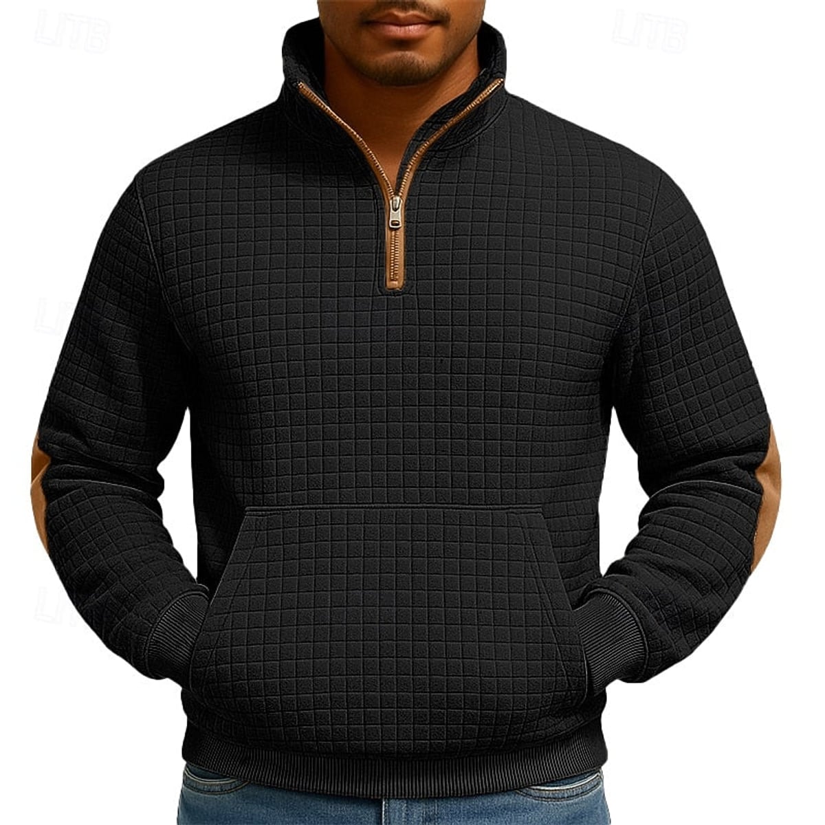 heren quarter-zip pullover met kangoeroe zak en staande kraag in zwart
