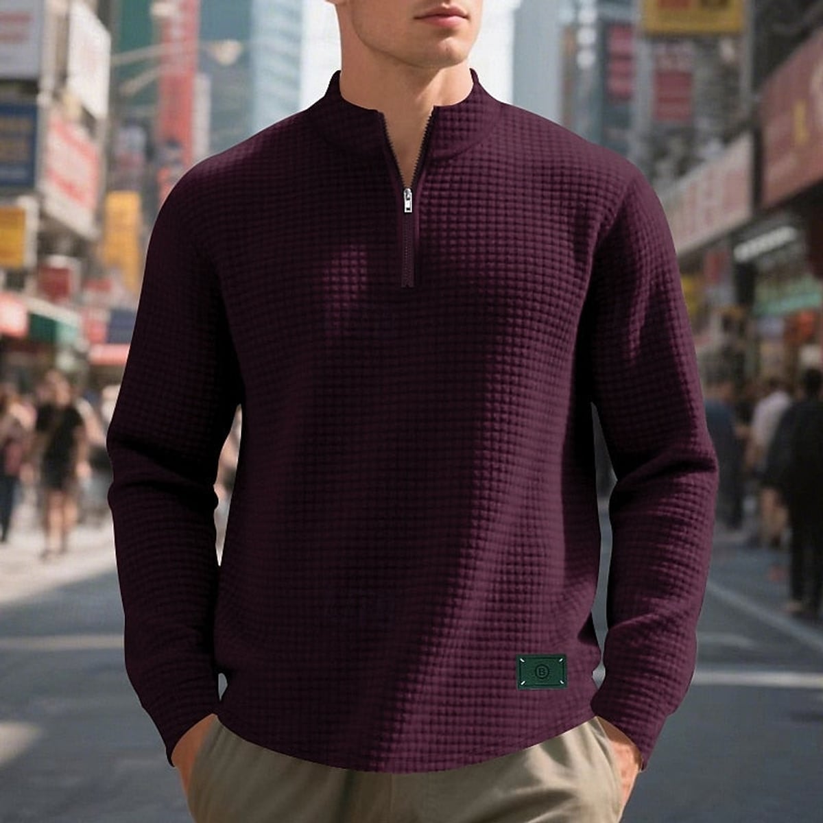 heren quarter-zip sweater met textuur in wijnrood