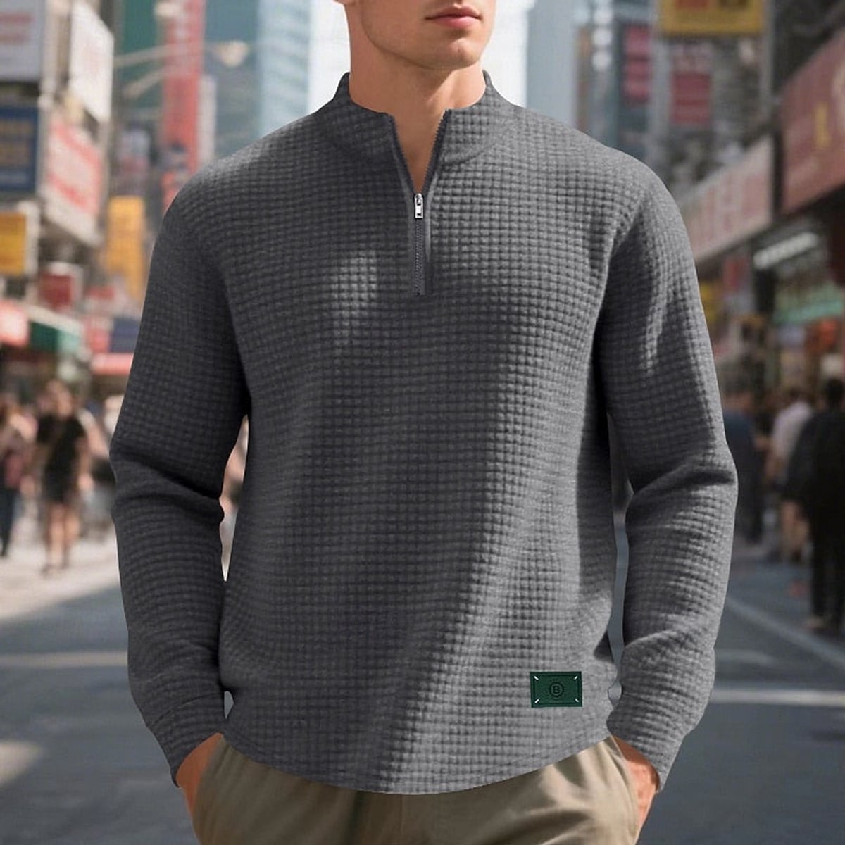 heren quarter-zip sweater met textuur in donkergrijs