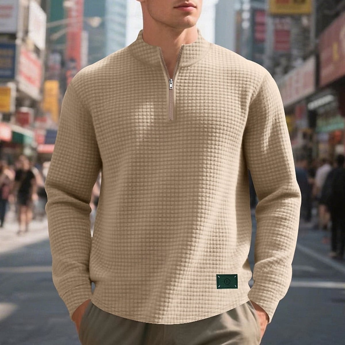 heren quarter-zip sweater met textuur in khaki