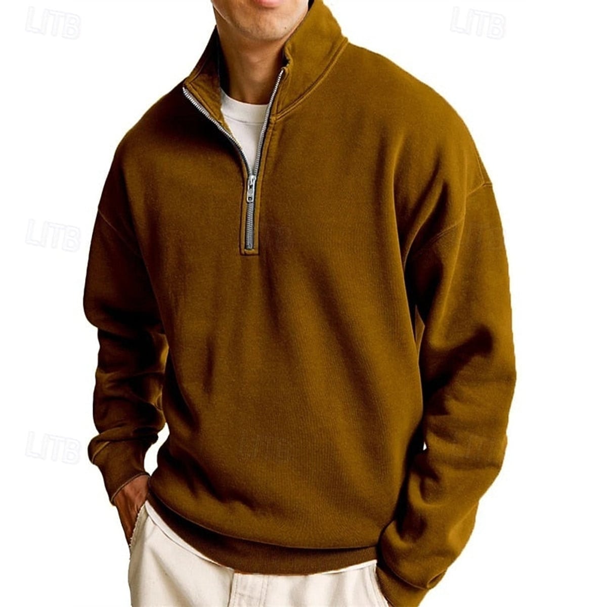 heren quarter-zip sweatshirt met staande kraag in bruin