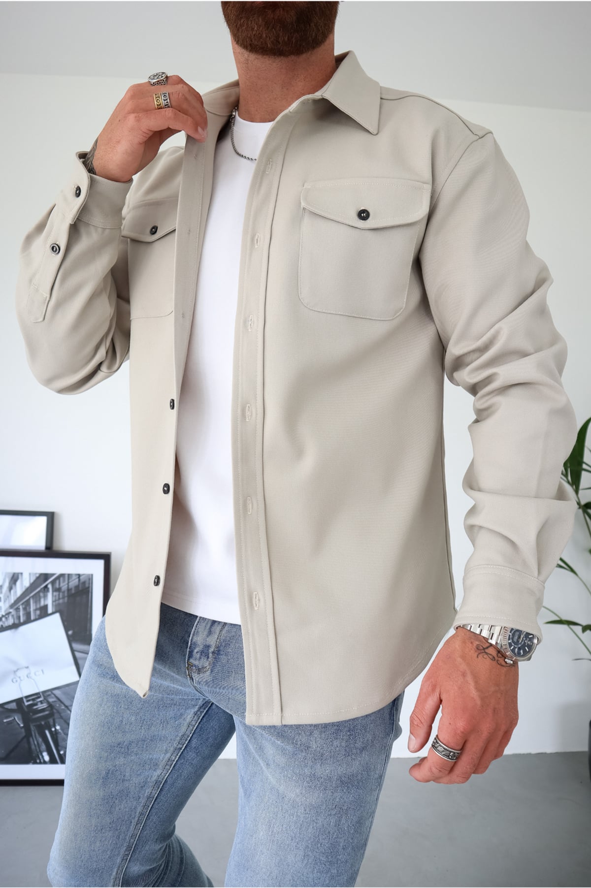 heren regular fit overshirt jas met borstzakken in crème