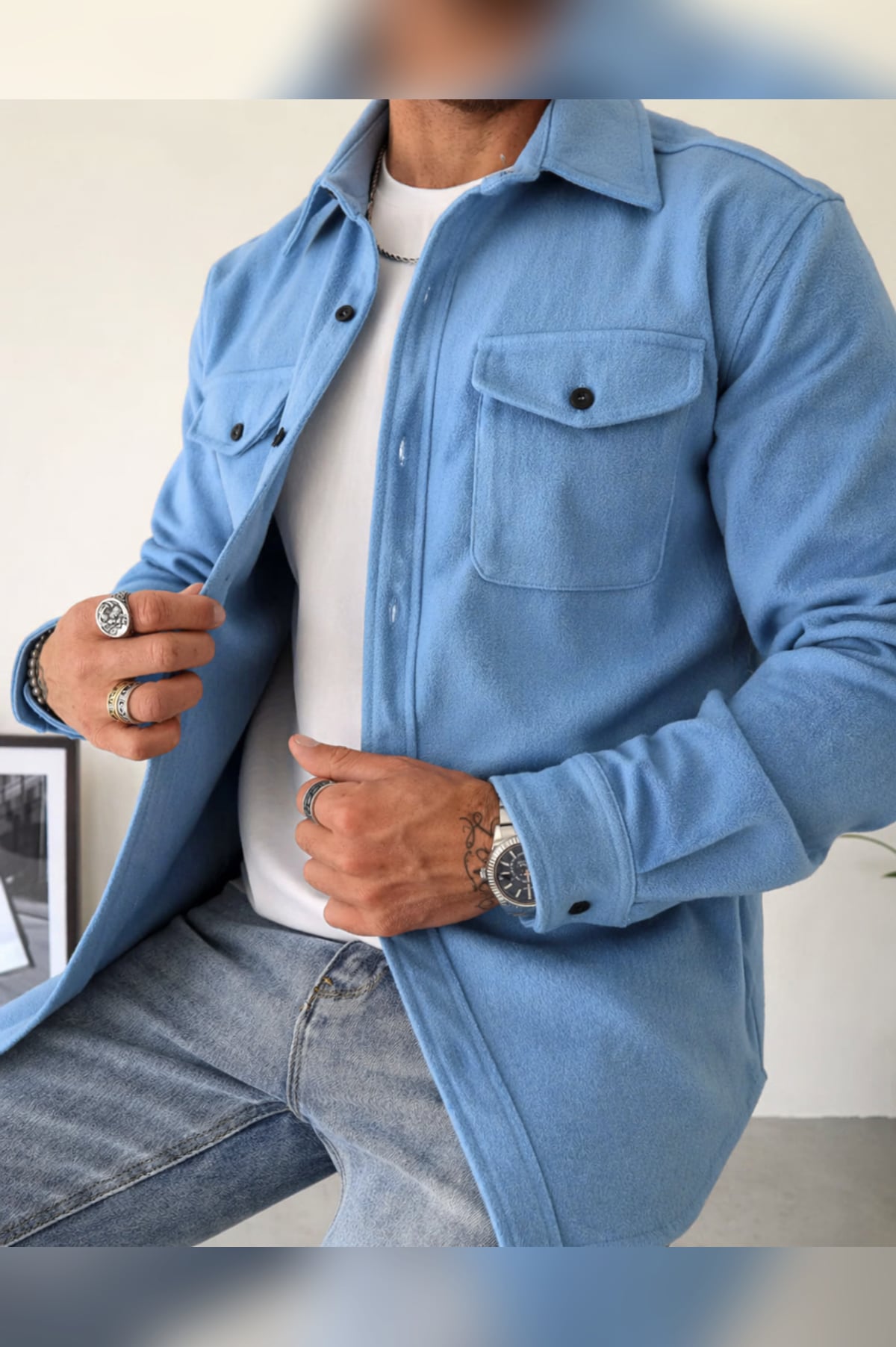 heren regular fit overshirt jas met borstzakken in koningsblauw
