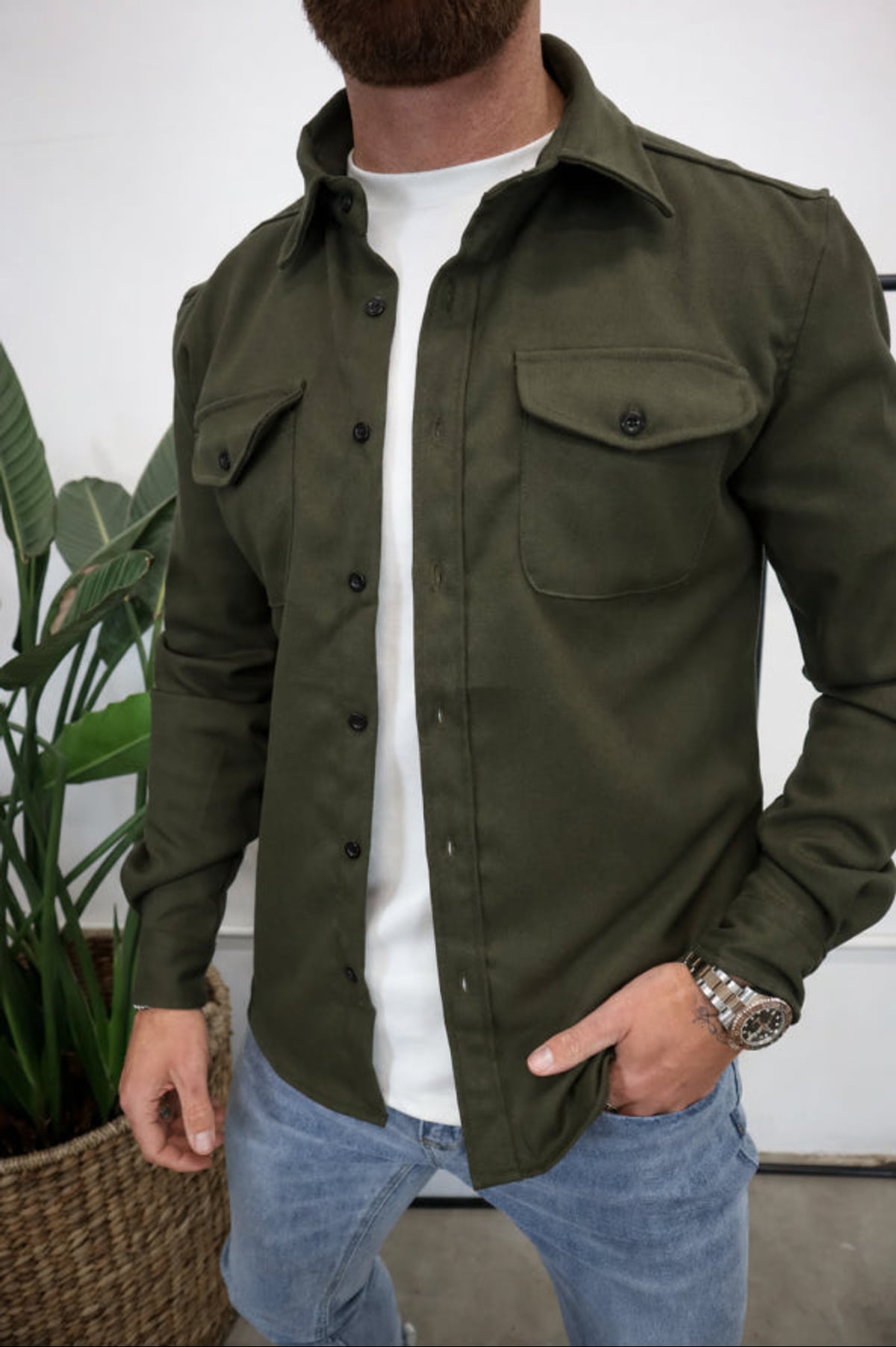 heren regular fit overshirt jas met borstzakken in olijfgroen