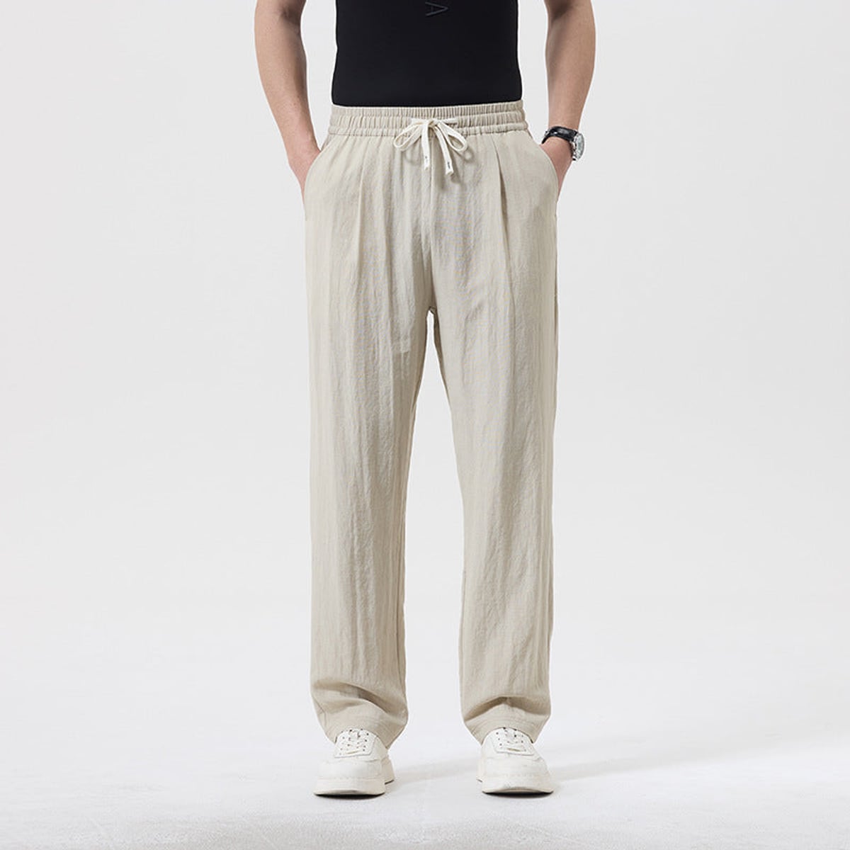 heren relaxed fit broek met trekkoord  in khaki stijl1