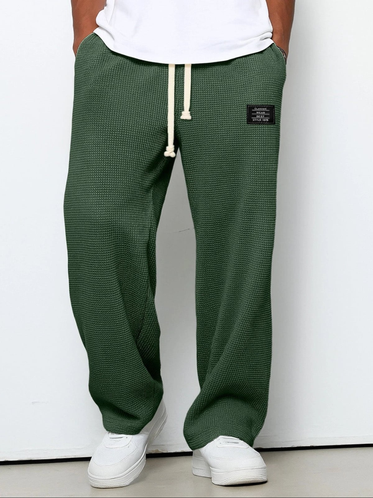 heren relaxed fit broek met vetersluiting in donkergroen