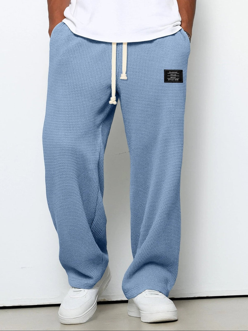 heren relaxed fit broek met vetersluiting in hemelsblauw