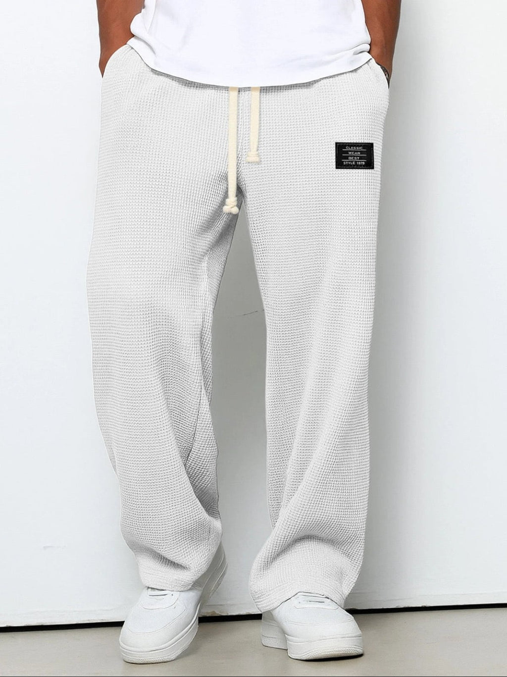 heren relaxed fit broek met vetersluiting in wit