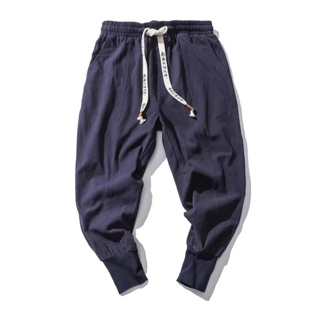 heren relaxed fit harembroek met lage kruisnaad in marine