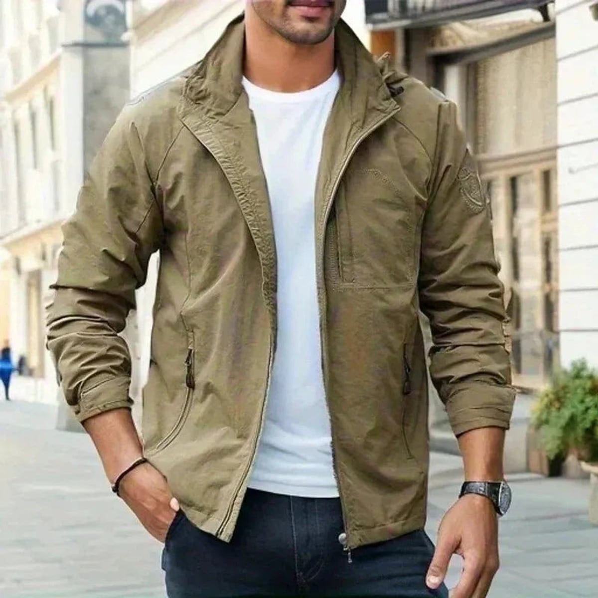 heren relaxed fit jas met staande kraag in khaki