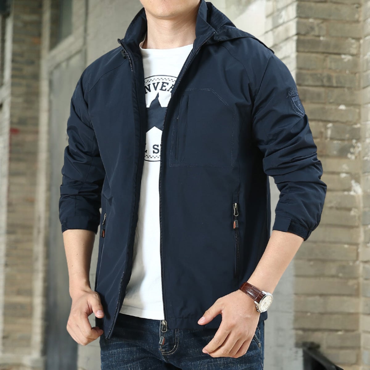 heren relaxed fit jas met staande kraag in donkerblauw