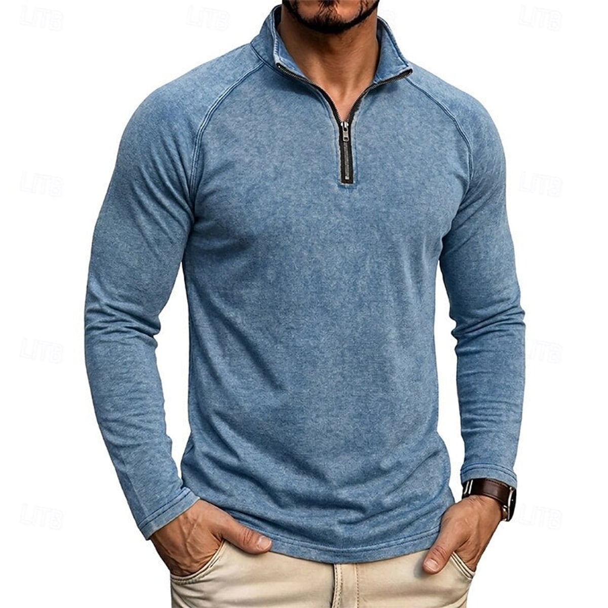 heren relaxed fit top met rits kraag in marineblauw