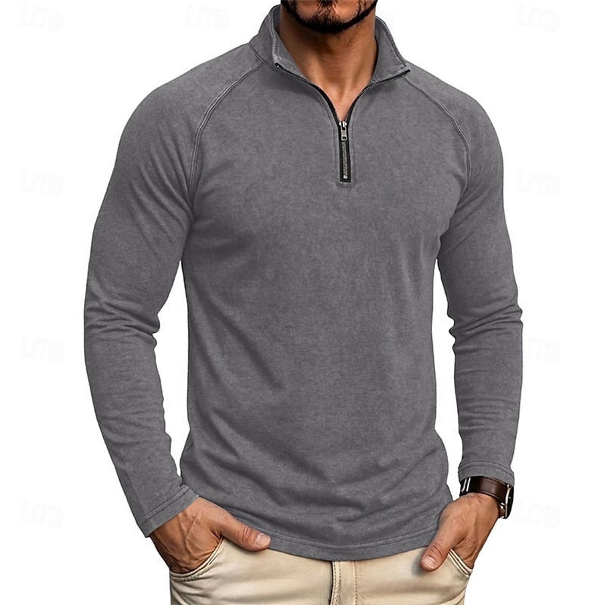 heren relaxed fit top met rits kraag in donkergrijs