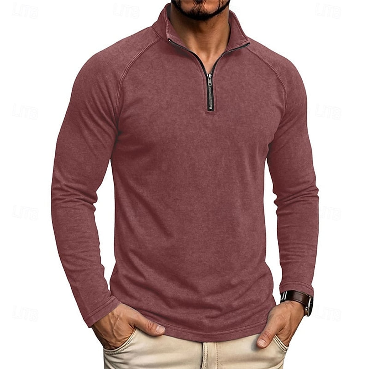 heren relaxed fit top met rits kraag in wijnrood