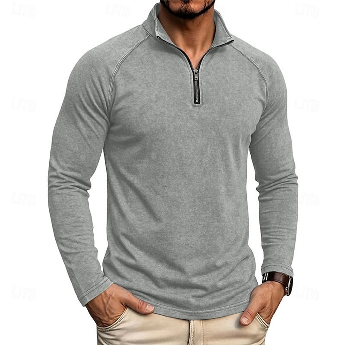 heren relaxed fit top met rits kraag in lichtgrijs