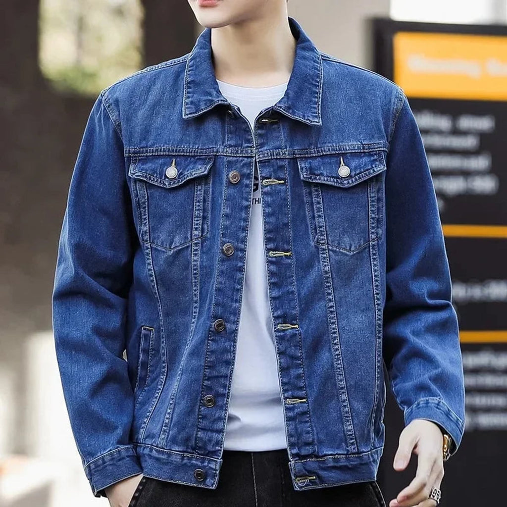 heren relaxed fit trucker jacket met knoopsluiting in donkerblauw
