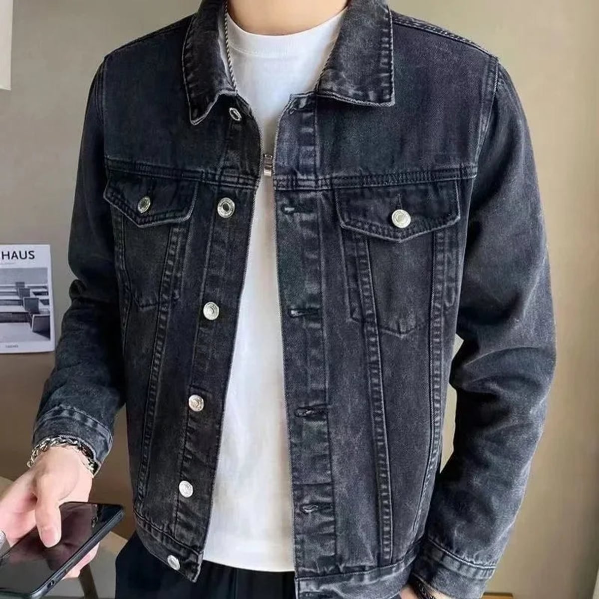 heren relaxed fit trucker jacket met knoopsluiting in donkergrijs