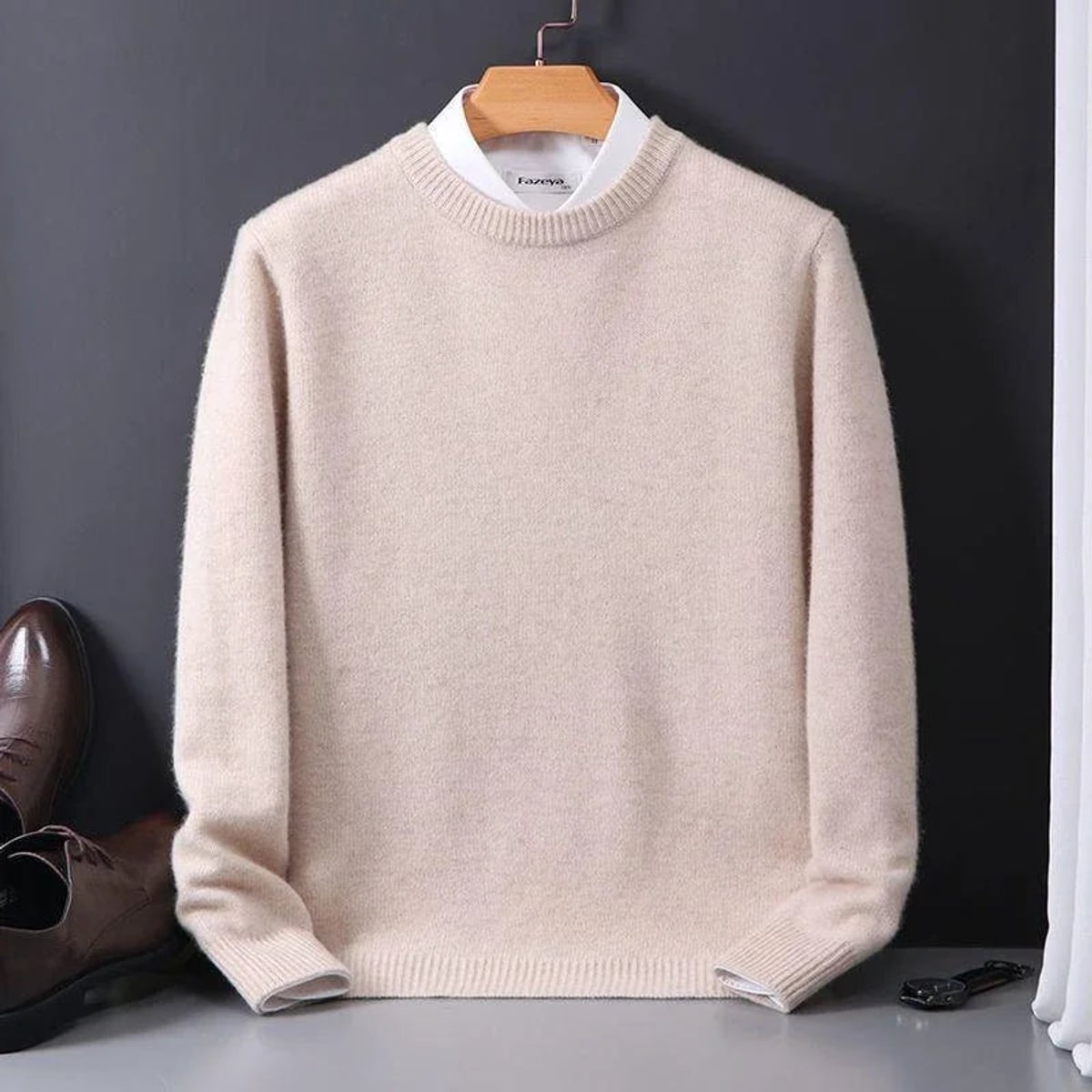 heren relaxed fit trui met ronde hals in grijs/wit