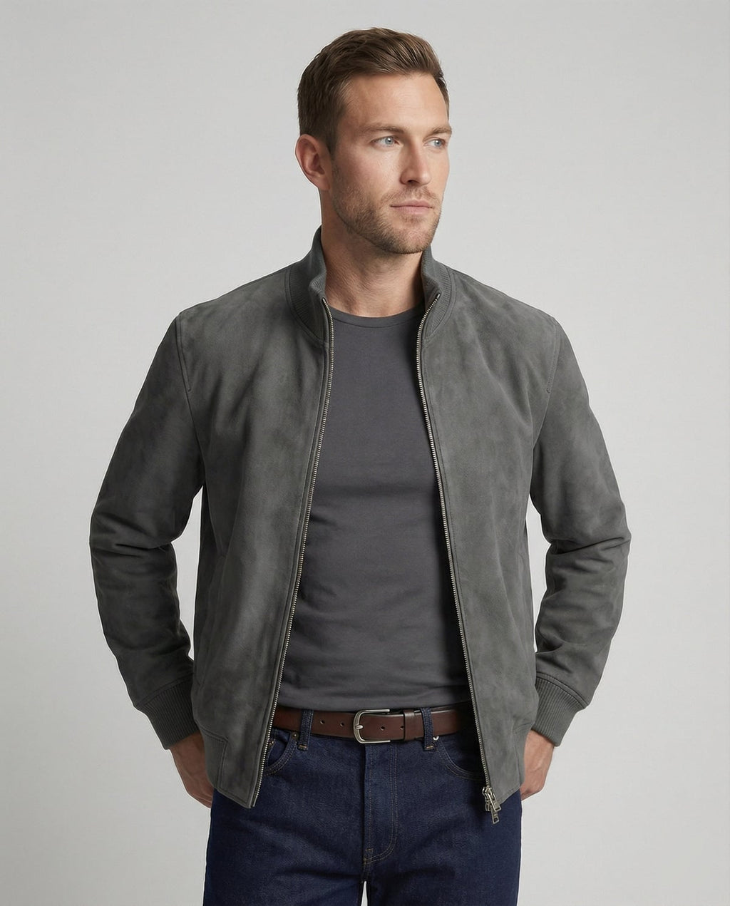 heren slim fit bomberjack met ritsluiting in grijs