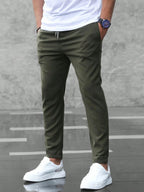 heren slim fit broek met elastische band in donkergroen