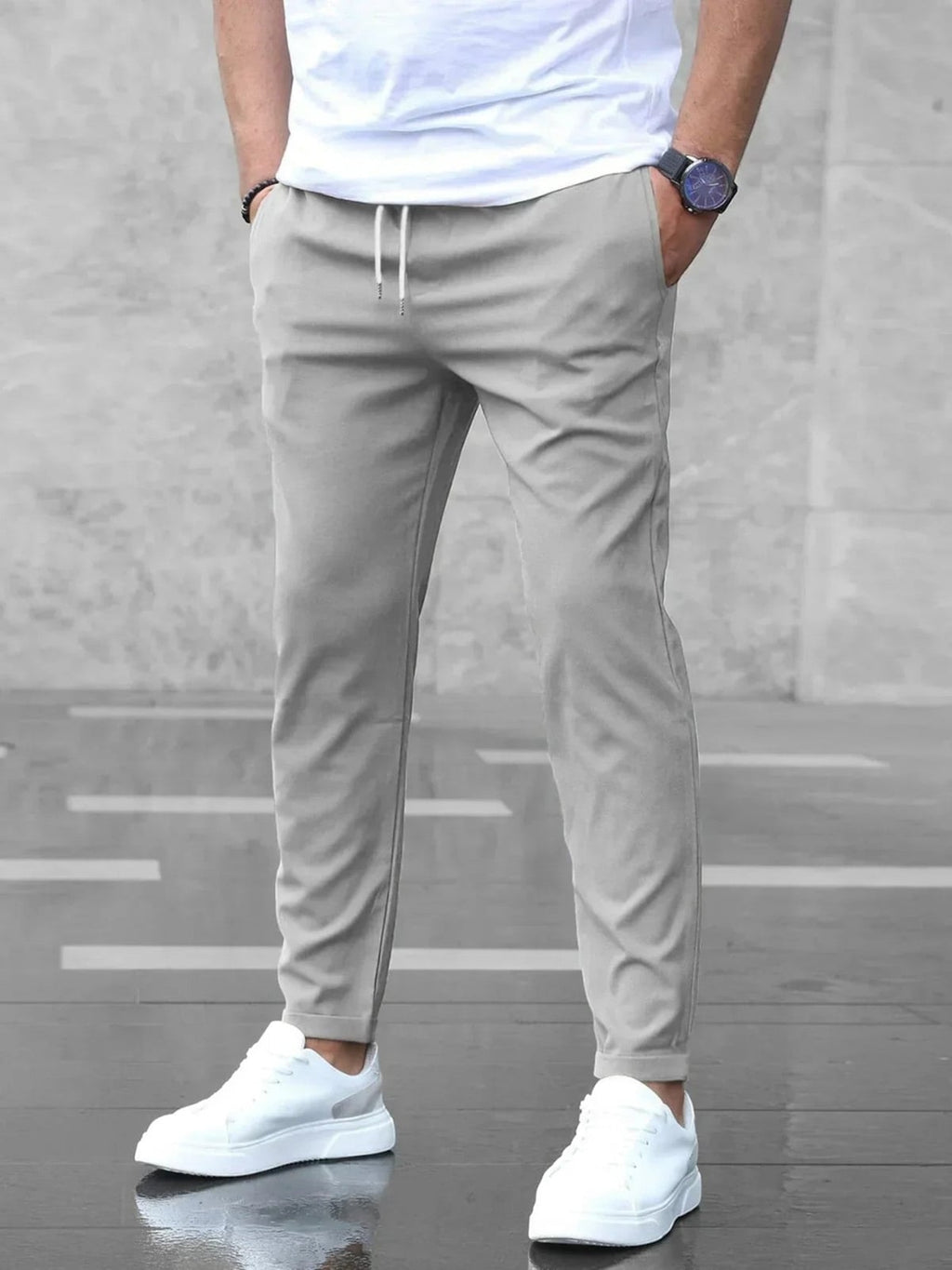 heren slim fit broek met elastische band in grijs