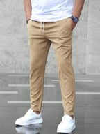heren slim fit broek met elastische band in beige