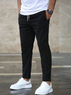 heren slim fit broek met elastische band in zwart