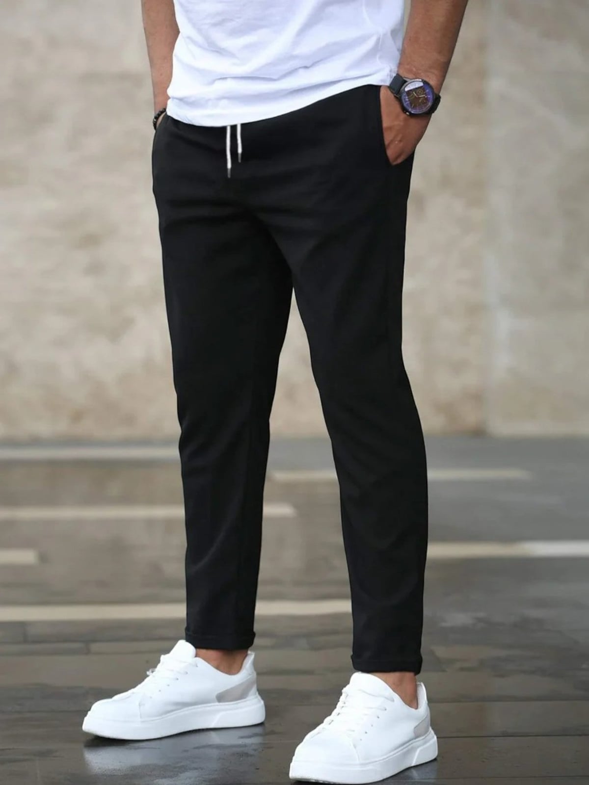 heren slim fit broek met elastische band in zwart