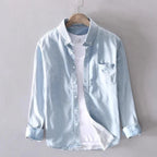 heren slim fit denim overhemd met borstzakken in lichtblauw