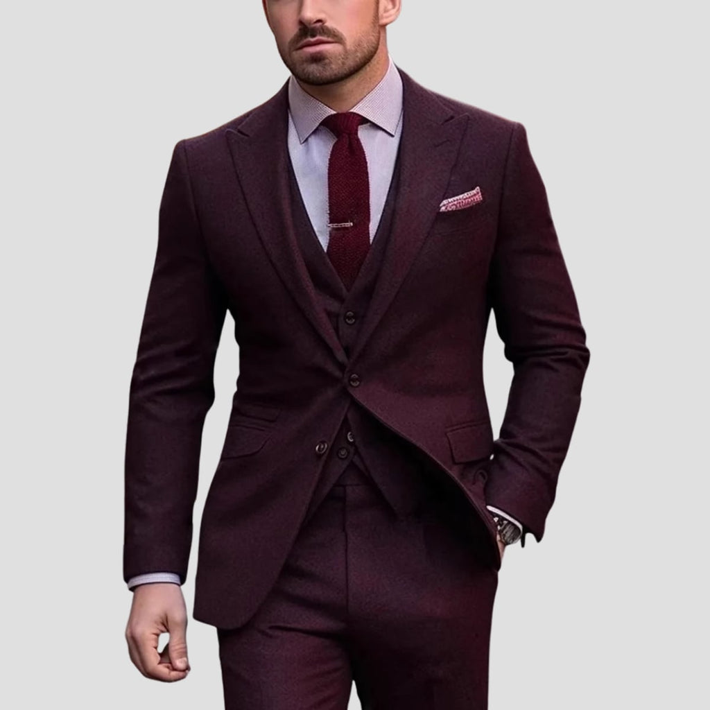 heren slim fit driedelig kostuum in bordeauxrood