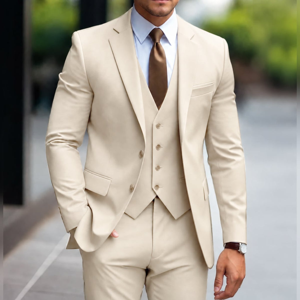 heren slim fit driedelig kostuum in beige