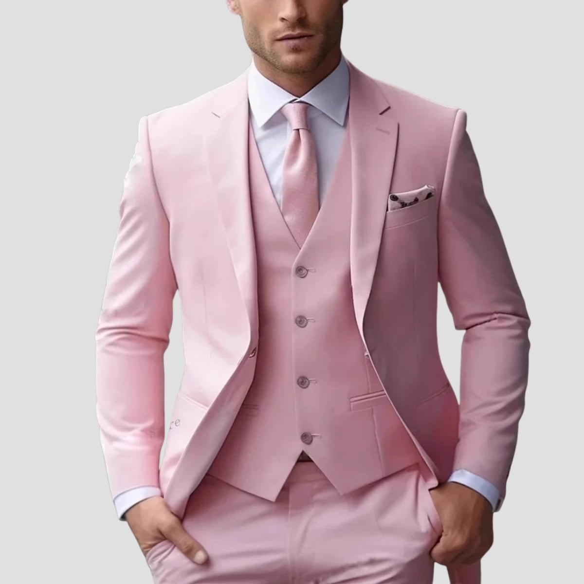 heren slim fit driedelig kostuum in lichtroze