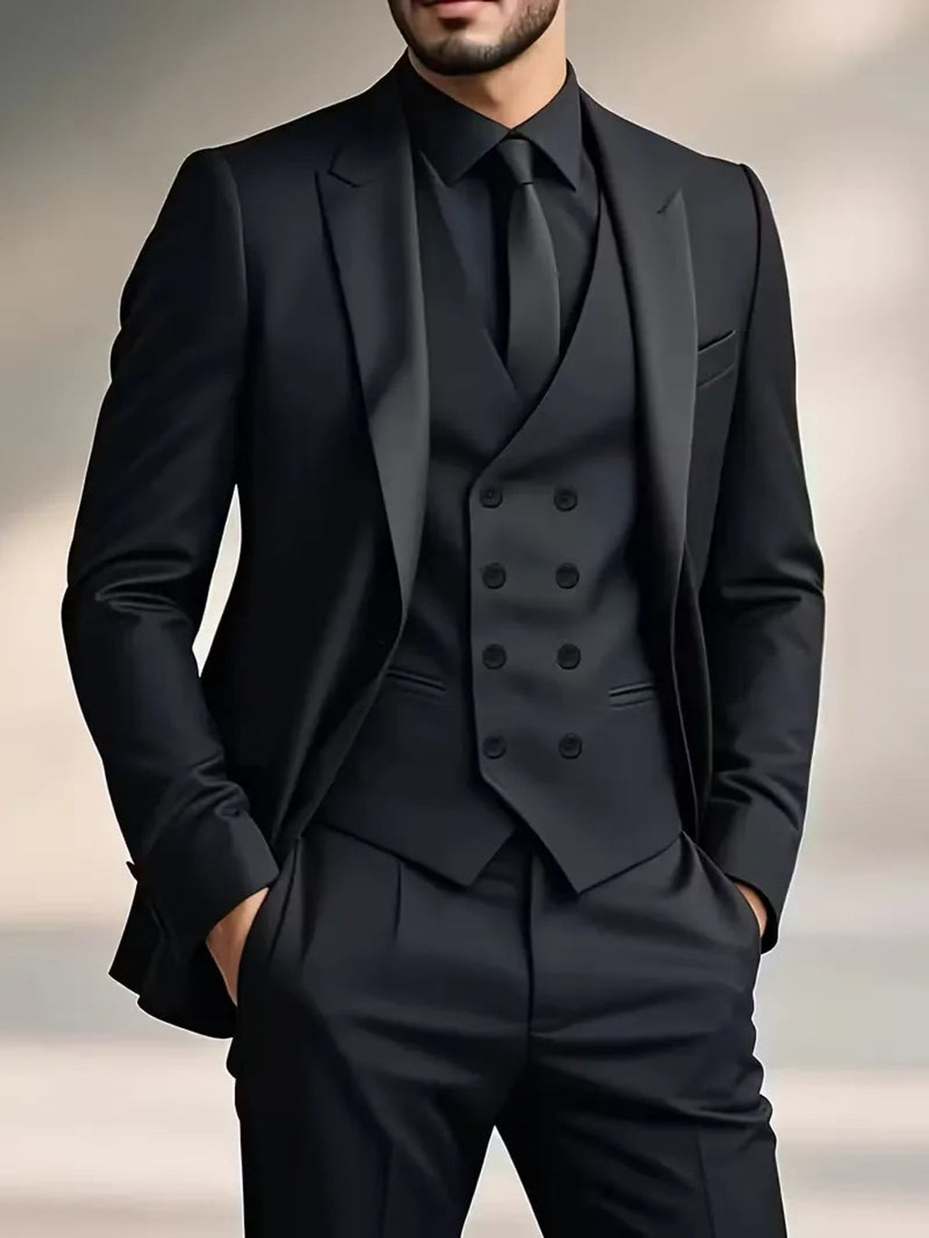 heren slim fit driedelig pak met gilet in zwart