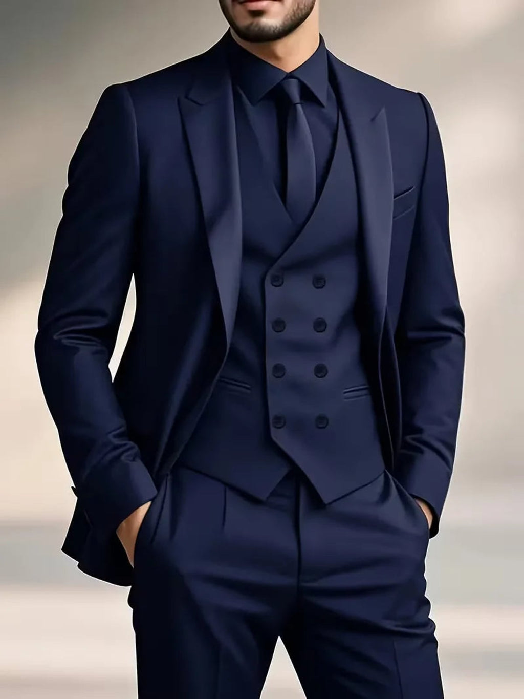 heren slim fit driedelig pak met gilet in marineblauw