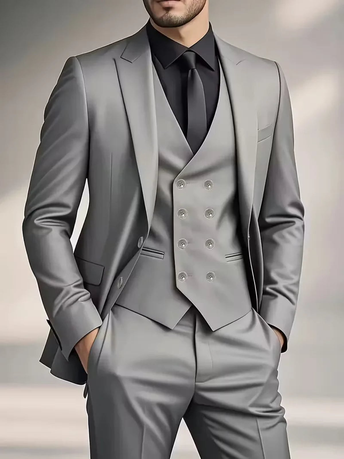 heren slim fit driedelig pak met gilet in grijs