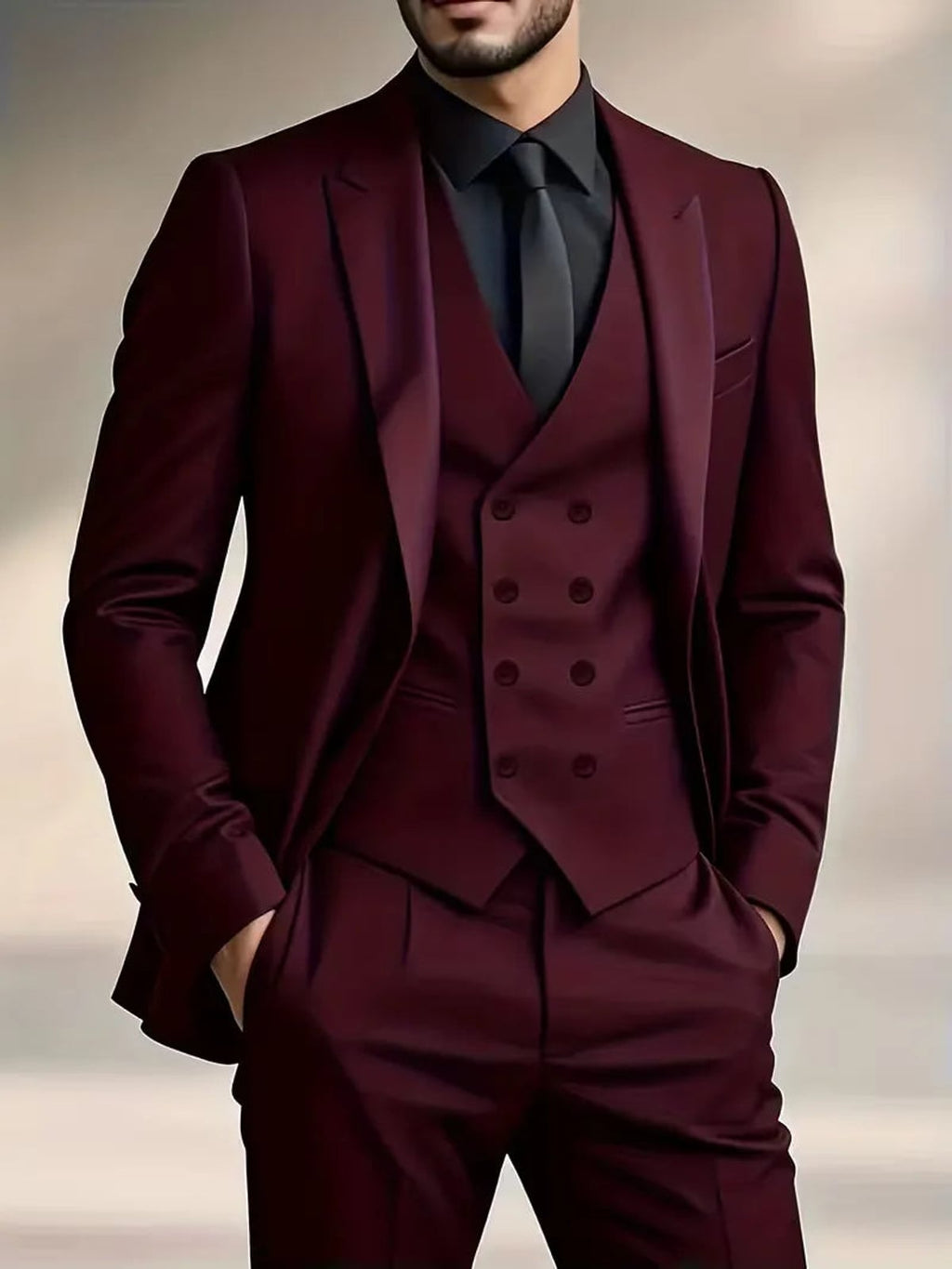 heren slim fit driedelig pak met gilet in bordeauxrood
