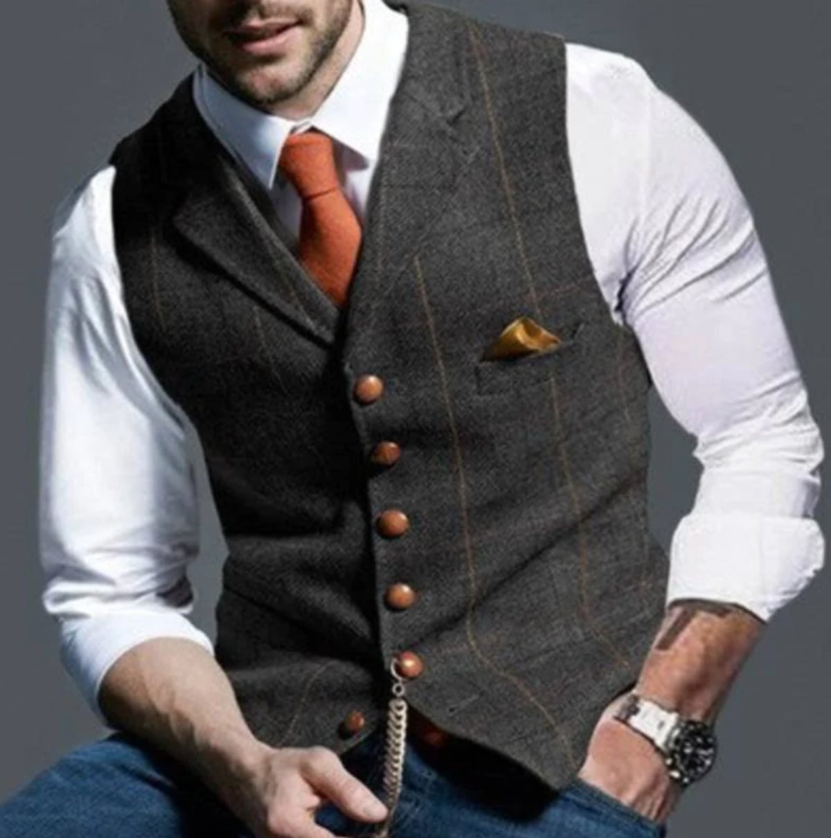 heren slim fit gilet met knoopsluiting in donkergrijs
