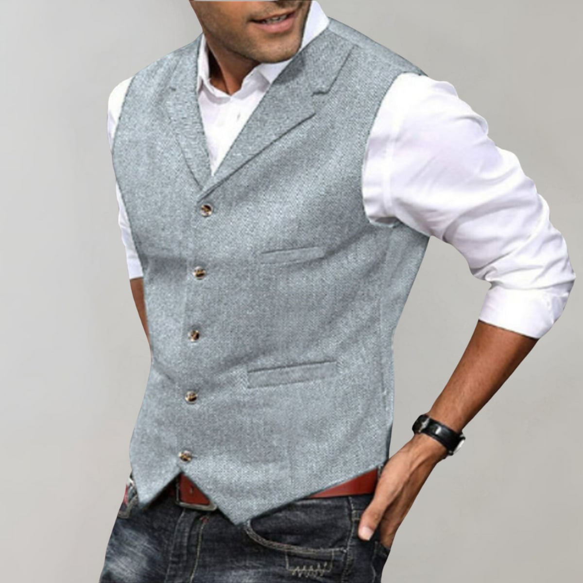 heren slim fit gilet met revers in lichtgrijs