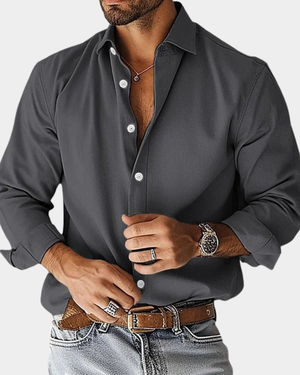 heren slim fit overhemd met lange mouw in donkergrijs