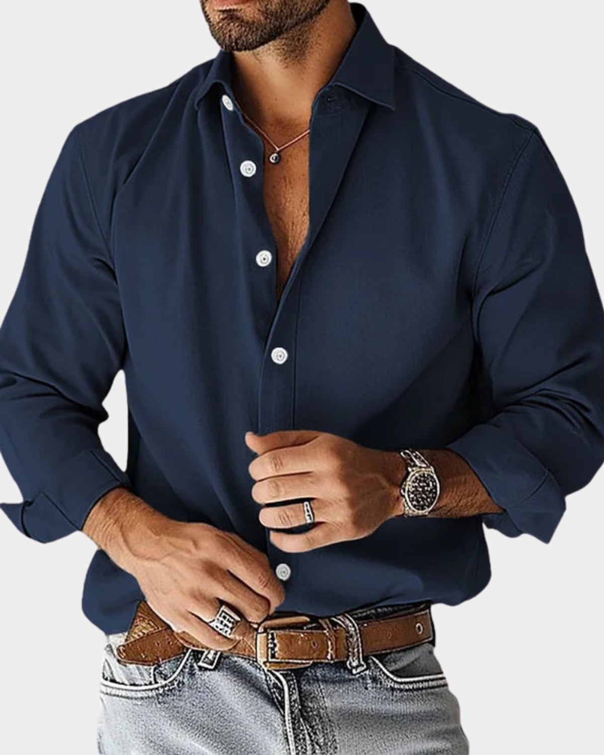 heren slim fit overhemd met lange mouw in marineblauw