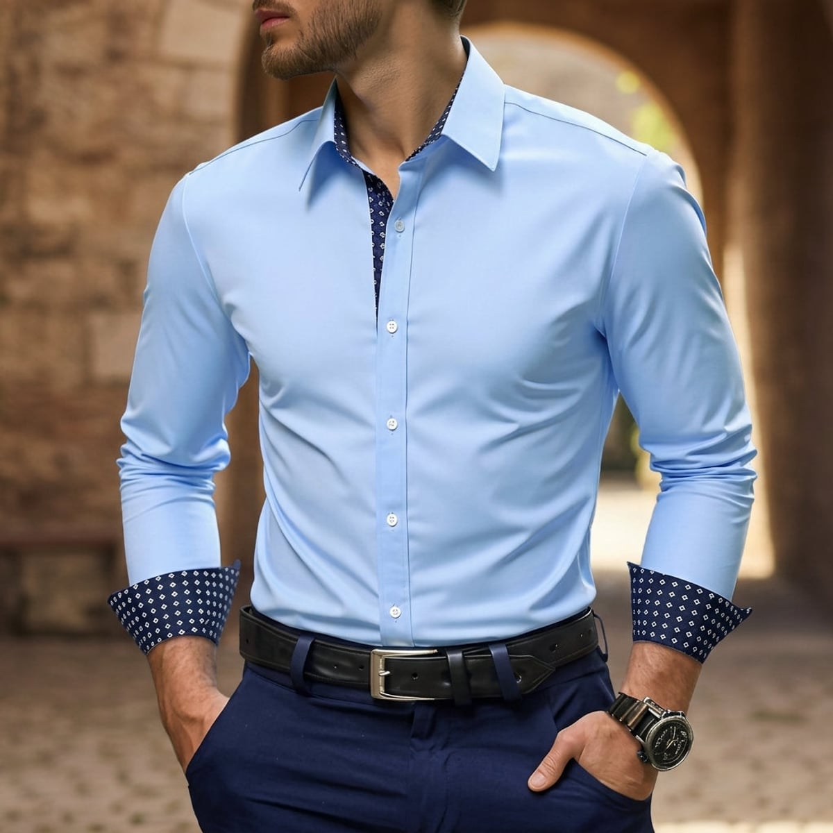 heren slim fit overhemd met lange mouw contrast in lichtblauw