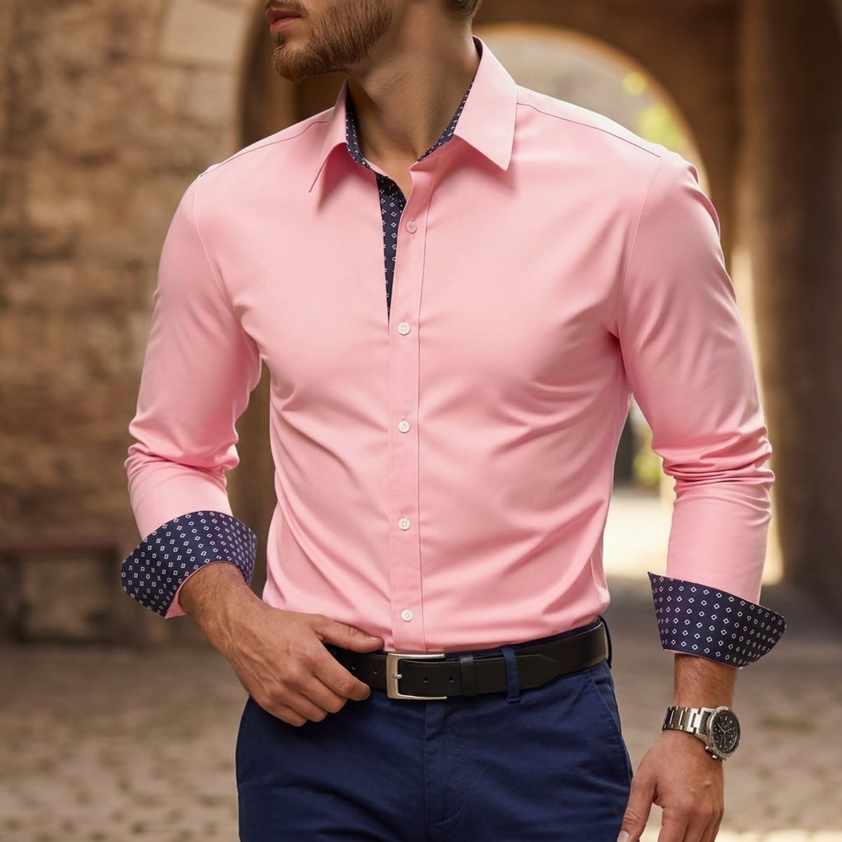 heren slim fit overhemd met lange mouw contrast in roze
