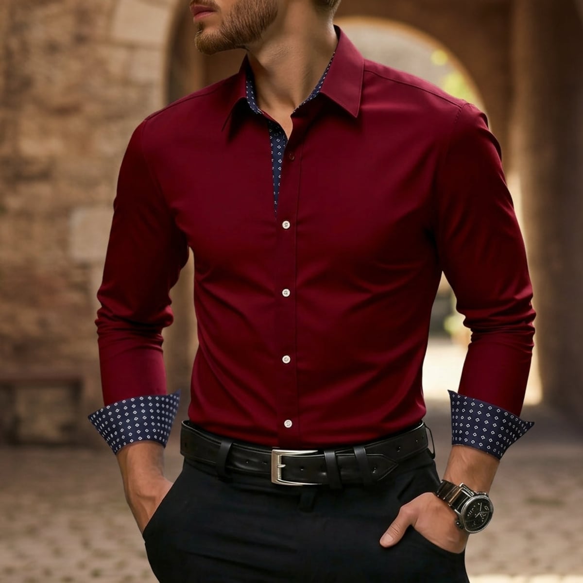 heren slim fit overhemd met lange mouw contrast in rood