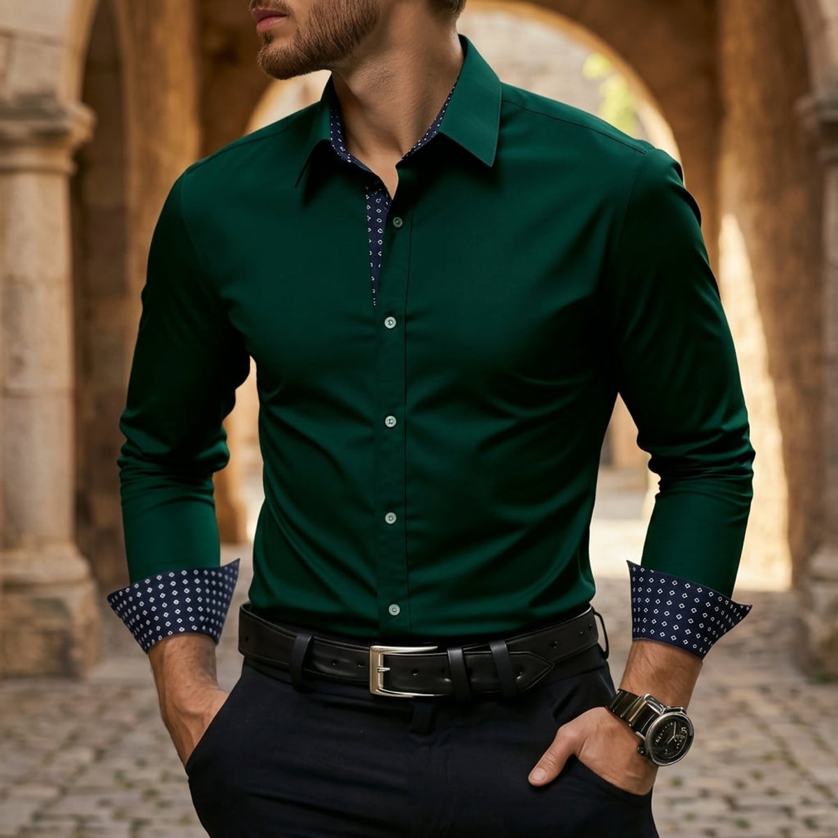heren slim fit overhemd met lange mouw contrast in groen