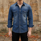 heren slim fit overhemd met lange mouwen in donkerblauw