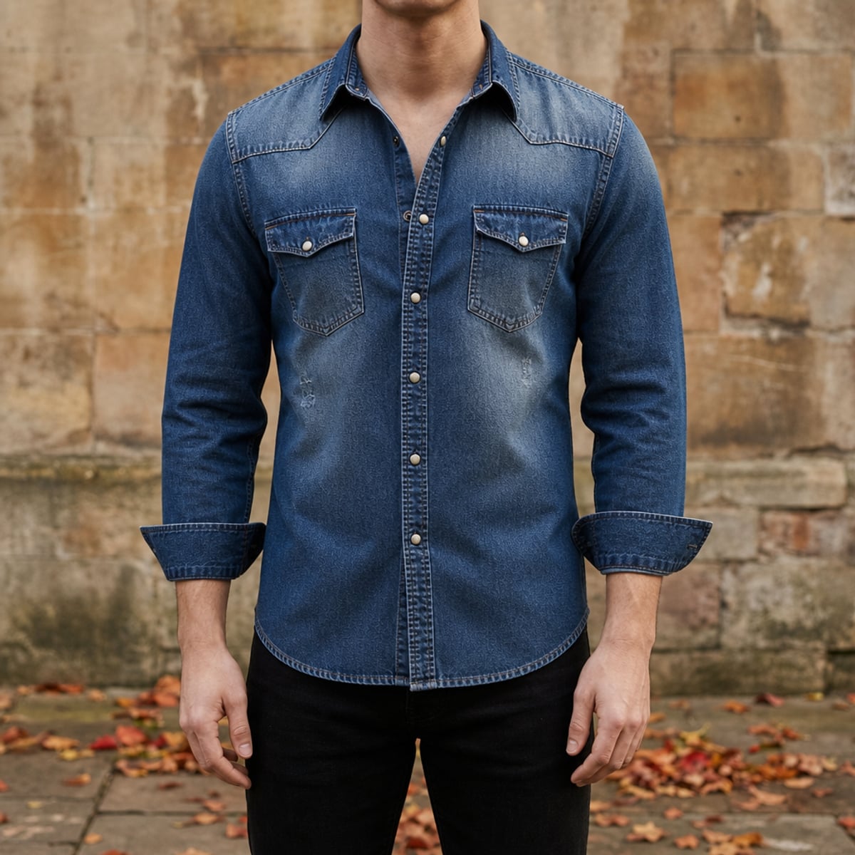 heren slim fit overhemd met lange mouwen in donkerblauw